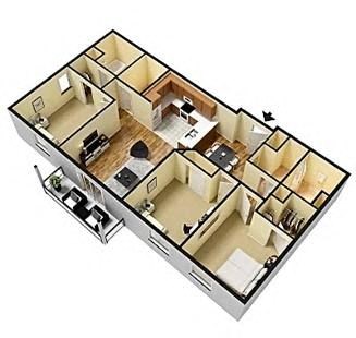 Floor plan for 3 beds, 2 baths, 1269 sqft